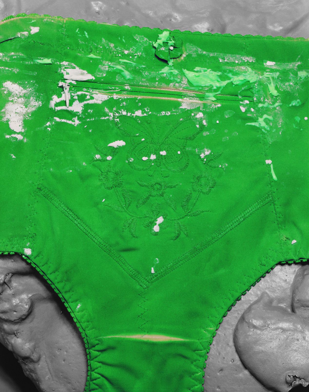 Closeup of green women's underwear, art photography, Ilona Szwarc, contemporary Los Angeles artist.