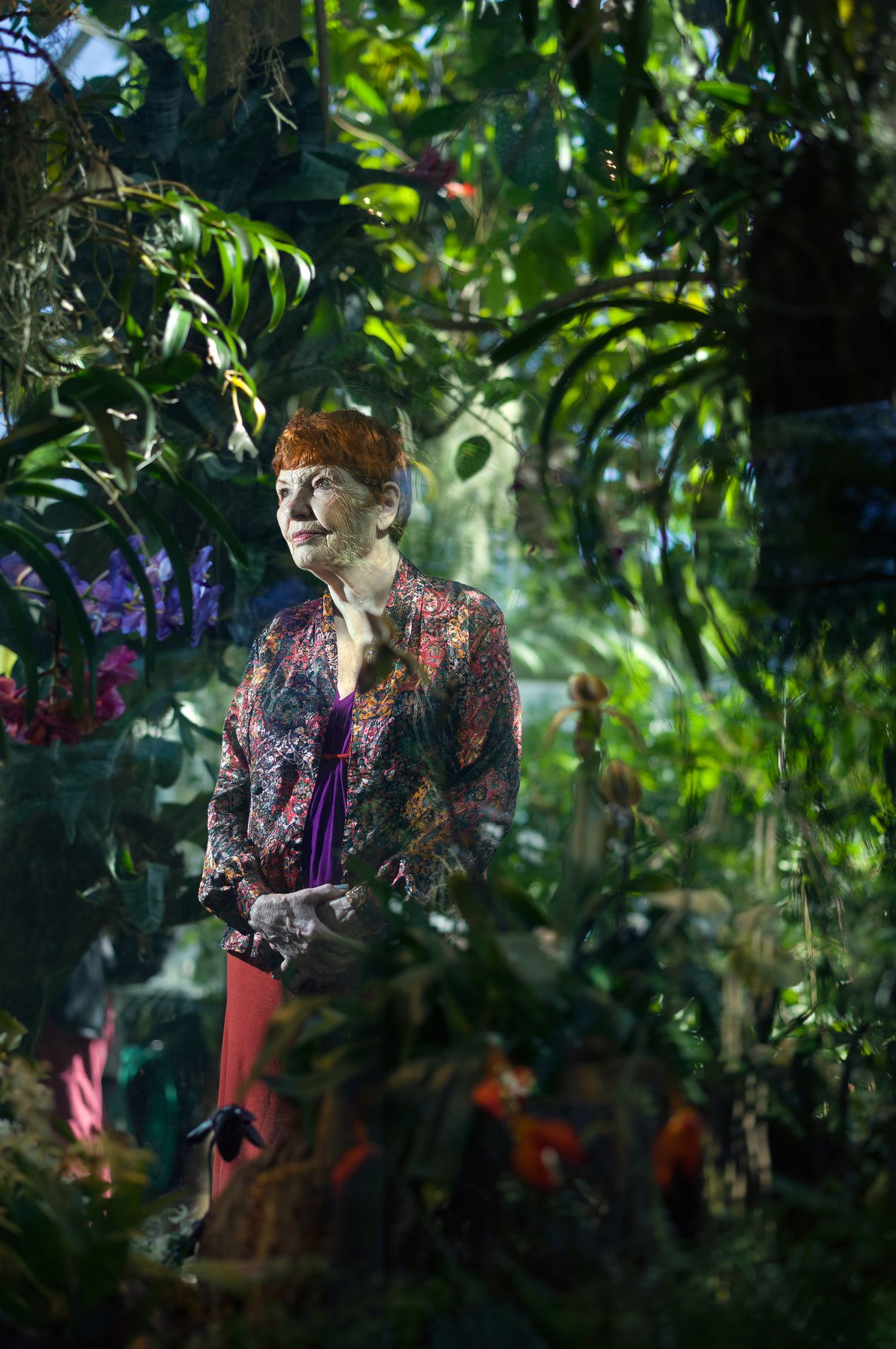 Older woman in a botanical garden, editorial photography, Ilona Szwarc, Los Angeles portrait photographer.