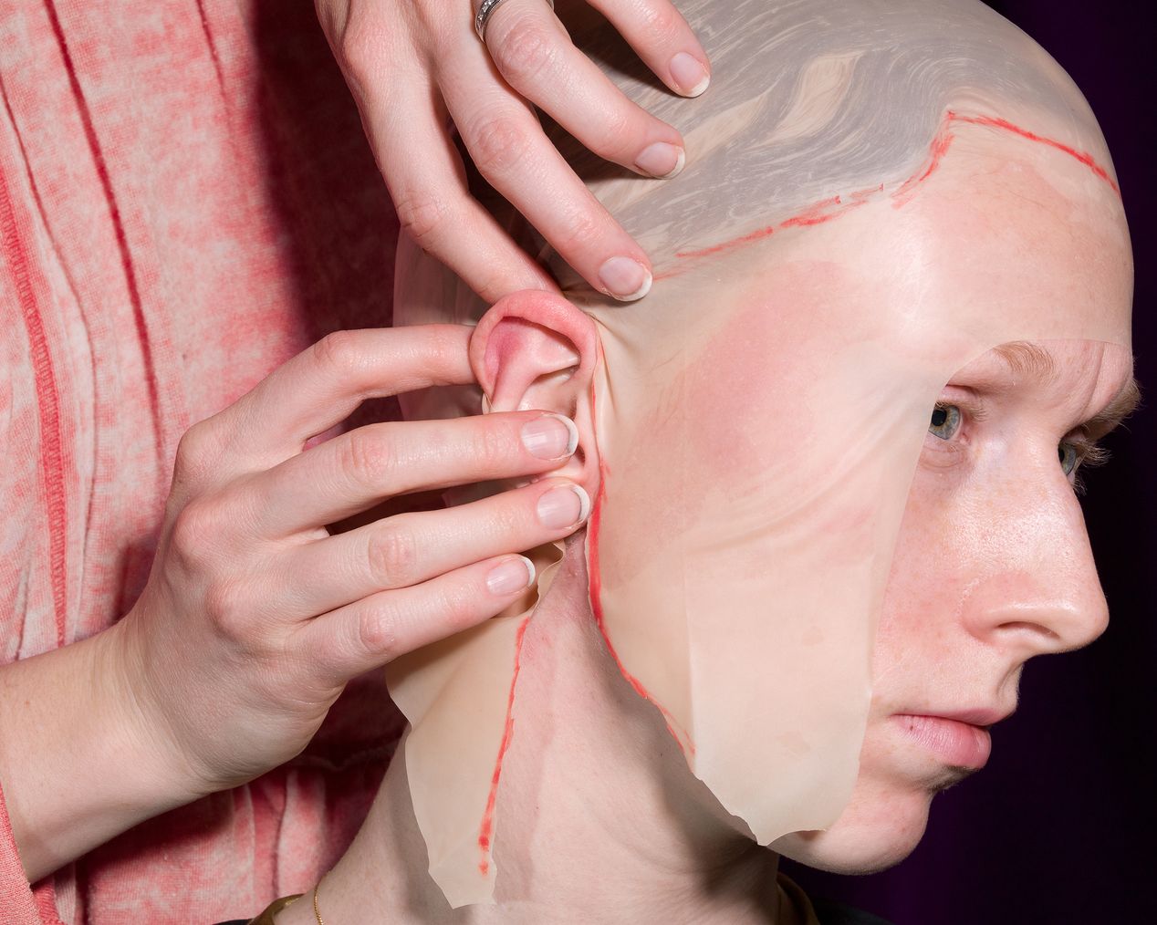Bald cap fitting around the ear, art photography, Ilona Szwarc, contemporary Los Angeles artist.