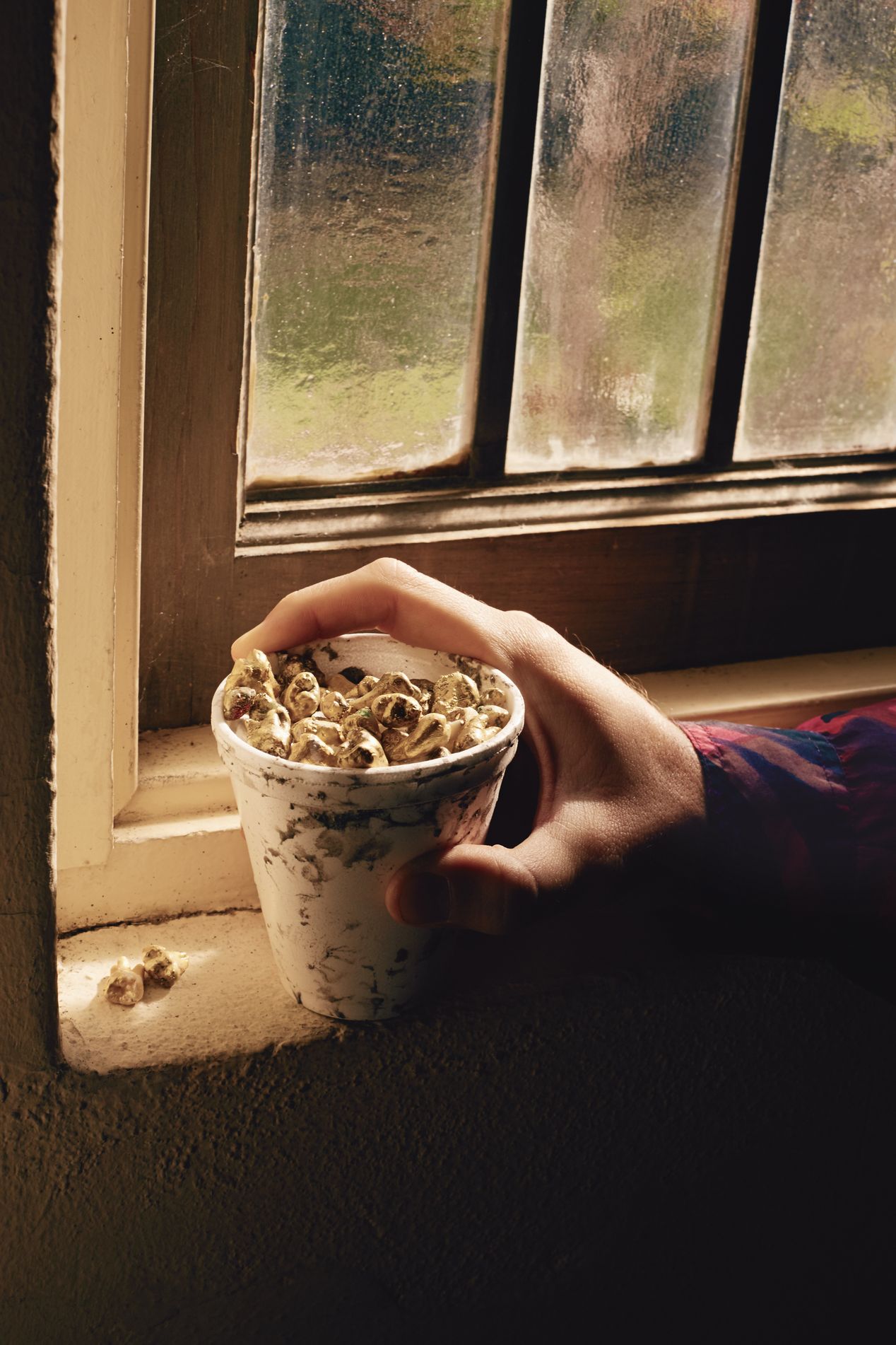 Still life with a plastic cup filled with loose gold teeth, Ilona Szwarc, Los Angeles editorial photographer.