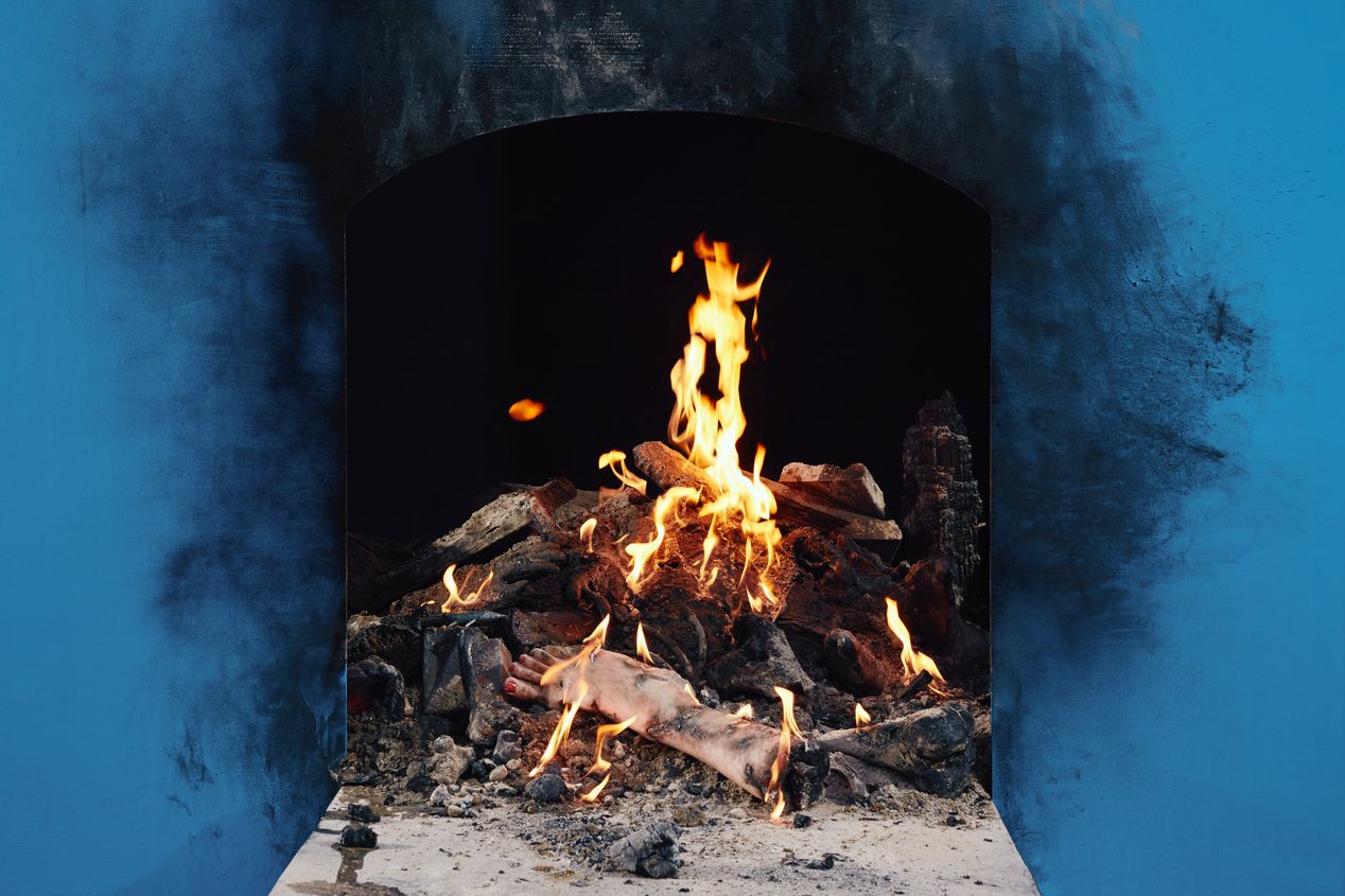 A prosthetic foot on fire in a crematory kiln, Ilona Szwarc, Los Angeles editorial photographer.