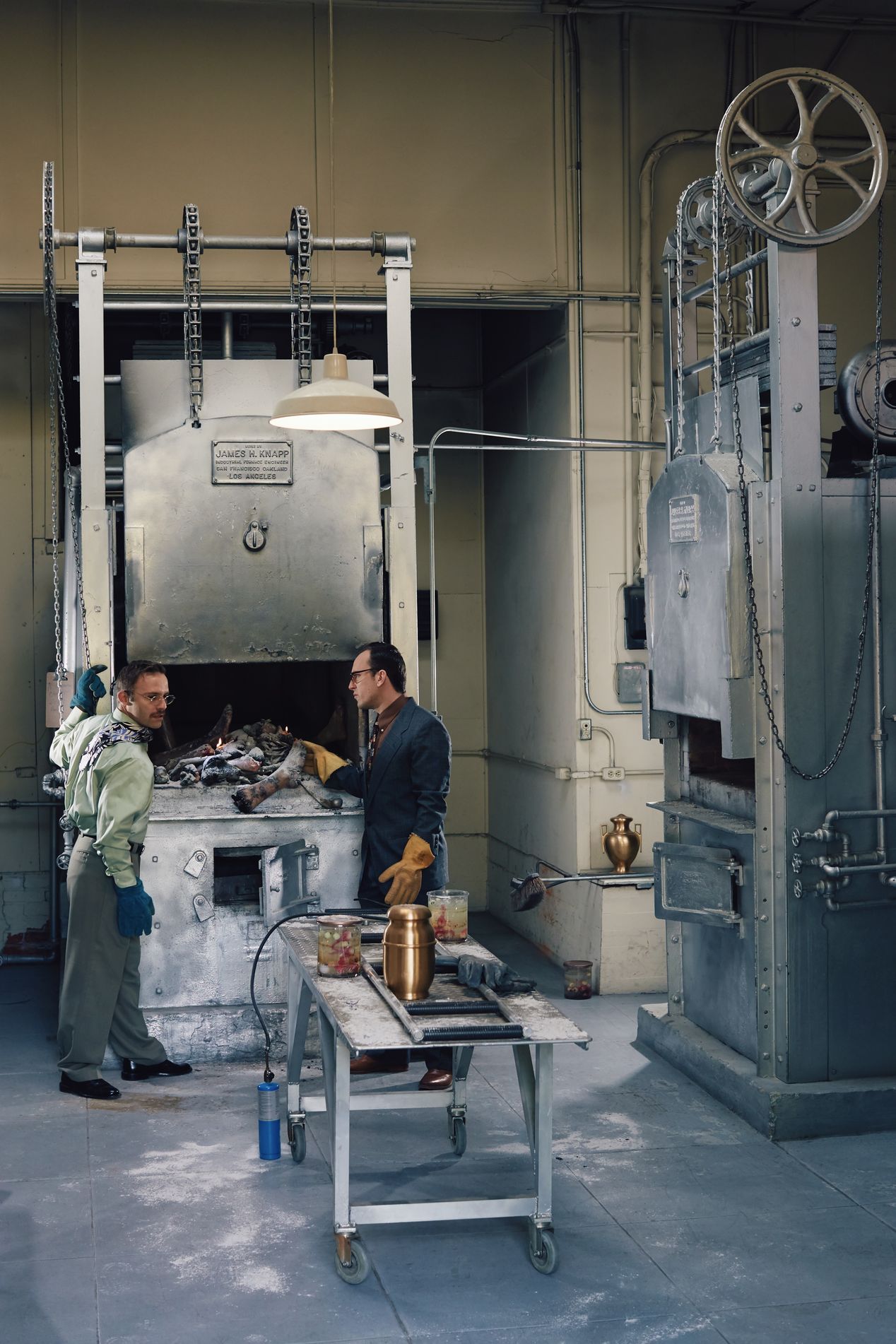 Two detectives inspecting a crematorium, Ilona Szwarc, Los Angeles editorial photographer.