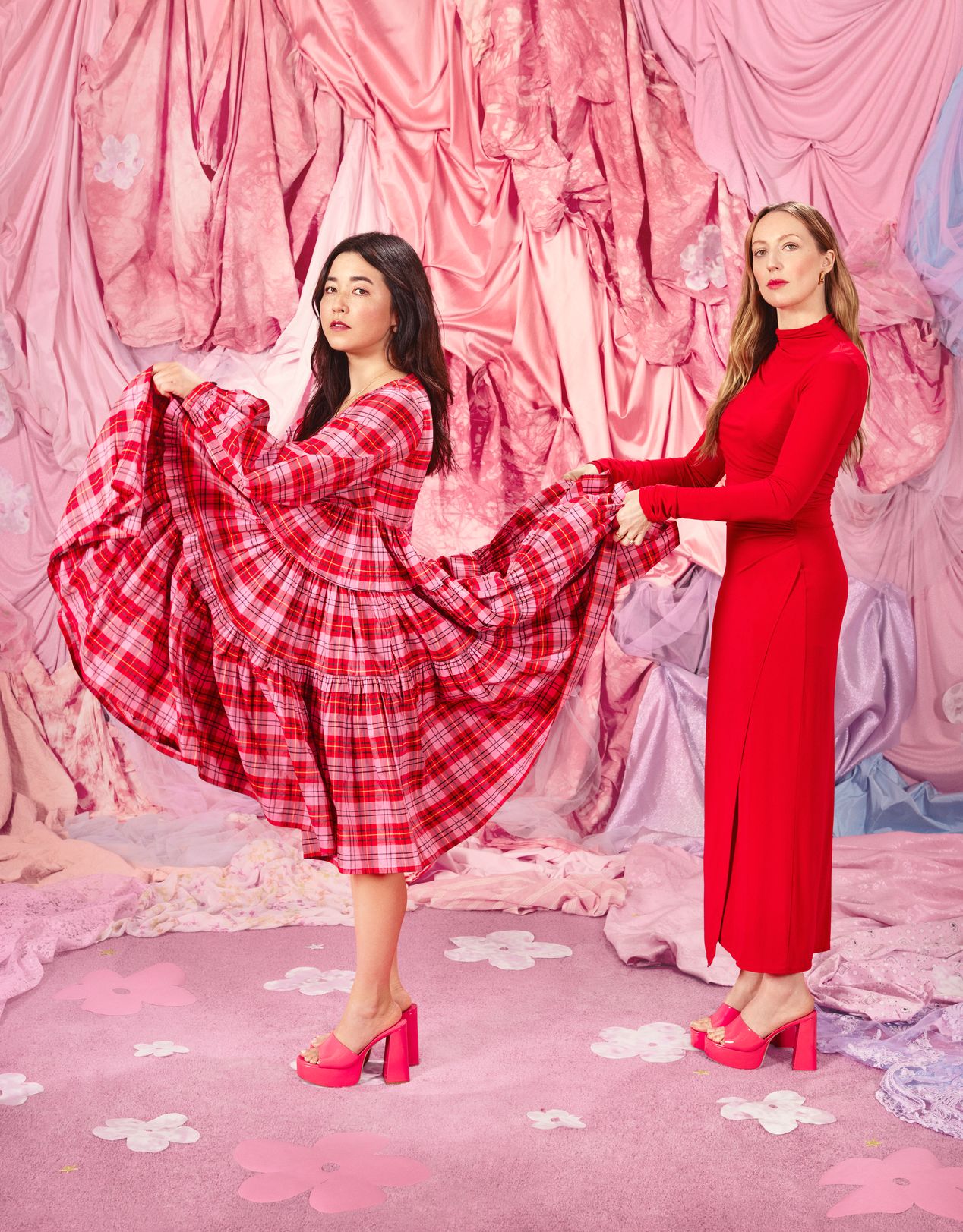 Studio portrait of actors Maya Erskine and Anna Konkle, celebrity photography, Ilona Szwarc, Los Angeles.