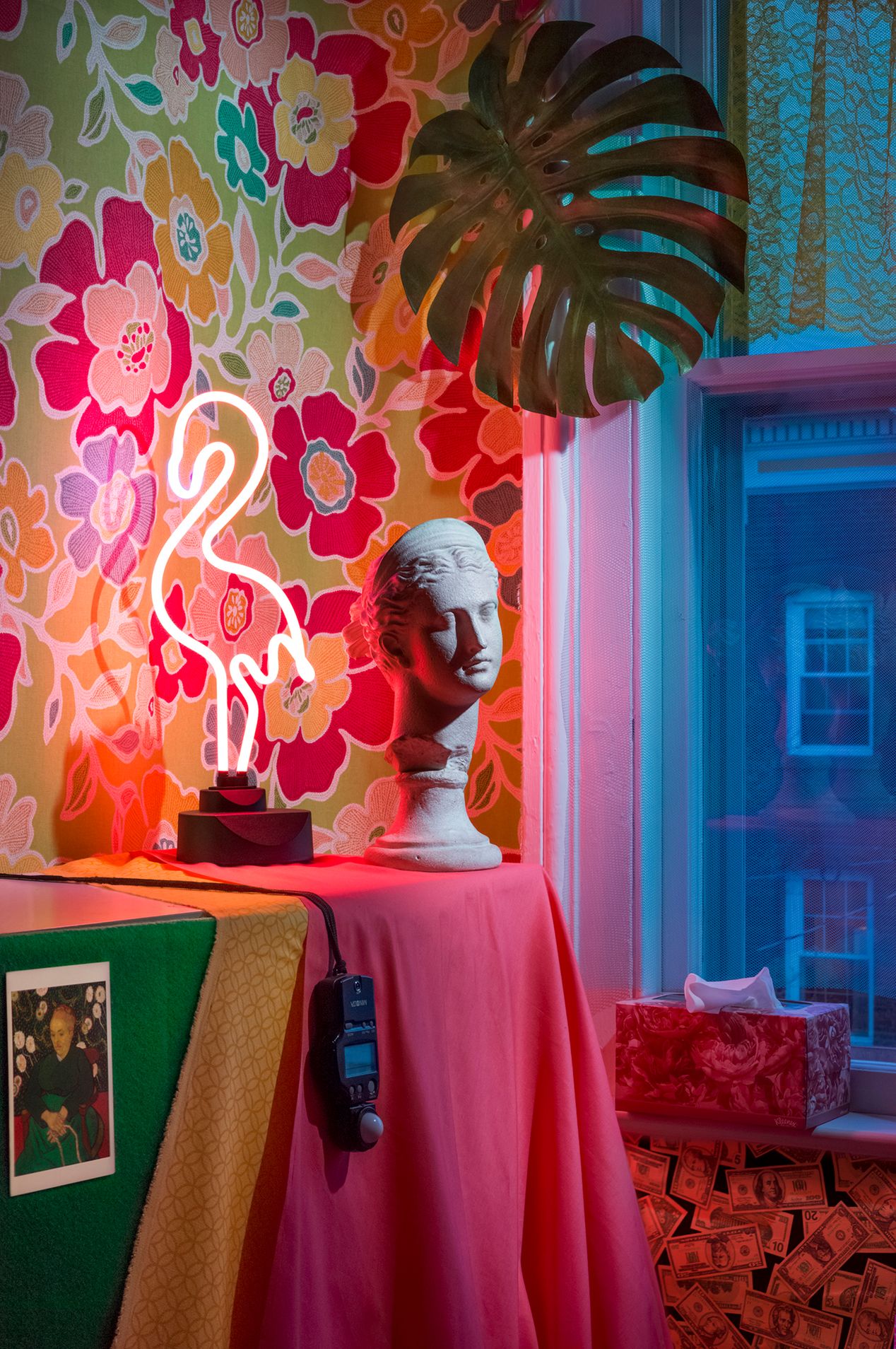 A colorful still life with a plaster head and a flamingo, fine art photography, Ilona Szwarc, Los Angeles artist.