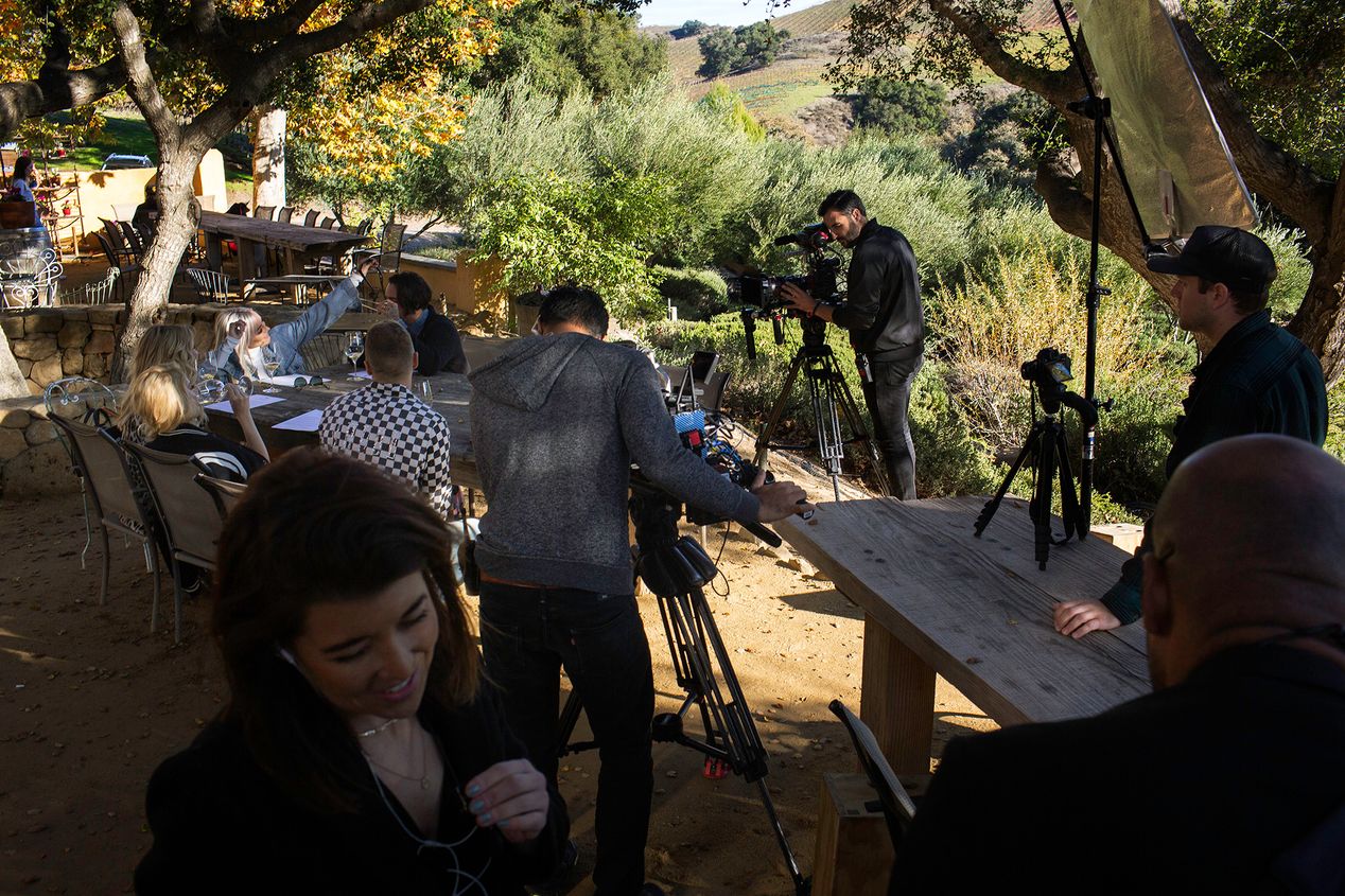 Members of the "The Hills: New Beginnings" cast film a scene at a winery in Los Olivos, set photography, Ilona Szwarc, Los Angeles.